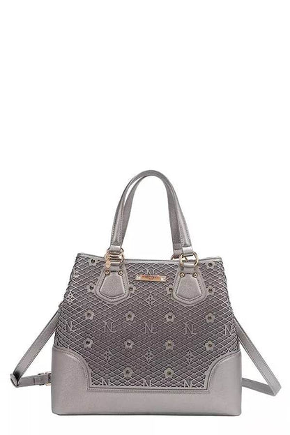 Nicole Lee USA Monogram Pattern Handbag with Rhinestones Decor - Designer Tote - Fashions Envy