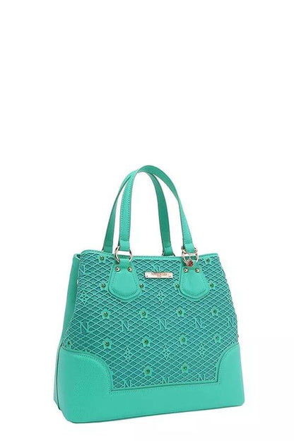 Nicole Lee USA Monogram Pattern Handbag with Rhinestones Decor - Designer Tote - Fashions Envy