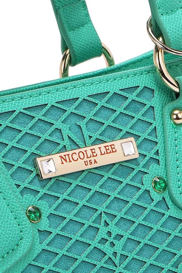Nicole Lee USA Monogram Pattern Handbag with Rhinestones Decor - Designer Tote - Fashions Envy