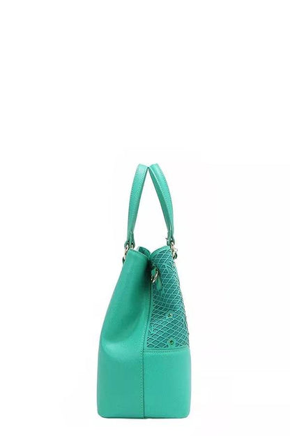 Nicole Lee USA Monogram Pattern Handbag with Rhinestones Decor - Designer Tote - Fashions Envy