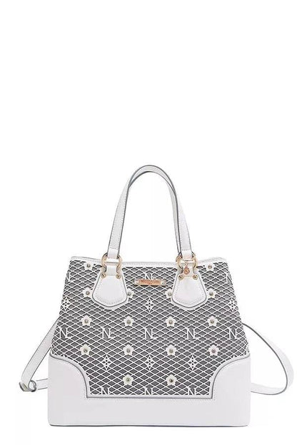 Nicole Lee USA Monogram Pattern Handbag with Rhinestones Decor - Designer Tote - Fashions Envy