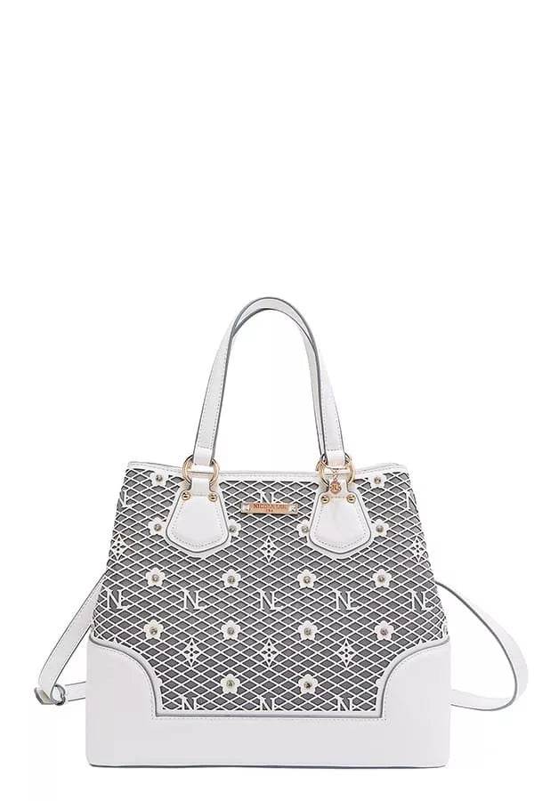 Nicole Lee USA Monogram Pattern Handbag with Rhinestones Decor - Designer Tote - Fashions Envy