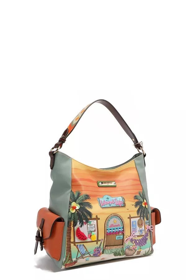 Trendsi Sand Hobo Handbag featuring a colorful beach scene with palm trees and vibrant designs