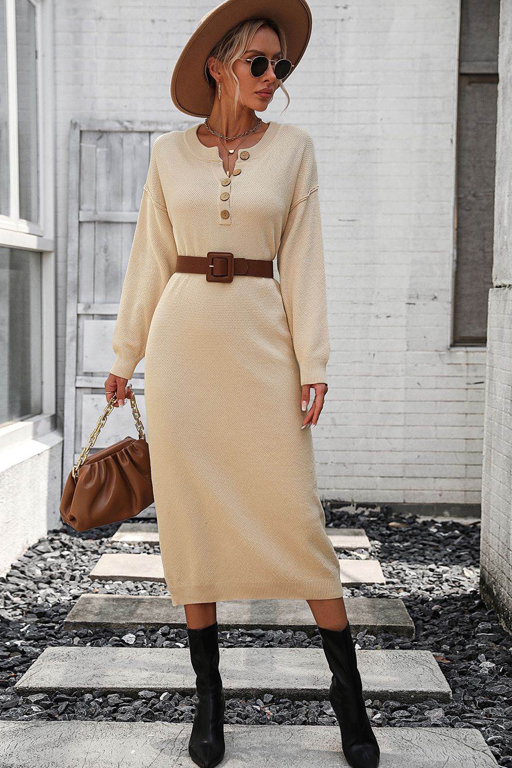 Notched Neck Dropped Shoulder Button-Down Midi Dress - Fashions Envy