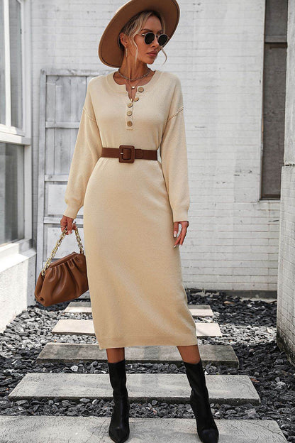 Notched Neck Dropped Shoulder Button-Down Midi Dress - Fashions Envy