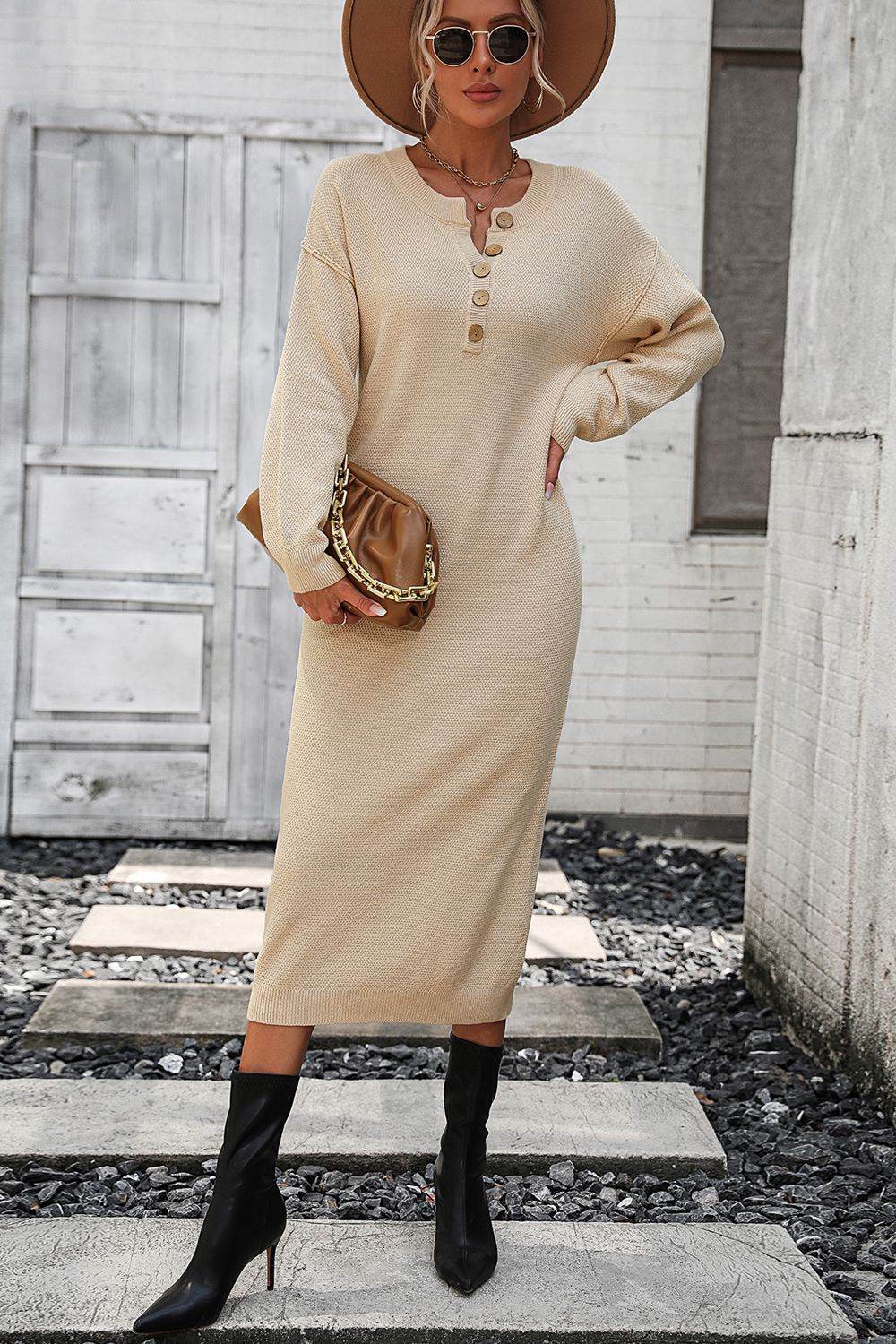 Notched Neck Dropped Shoulder Button-Down Midi Dress - Fashions Envy