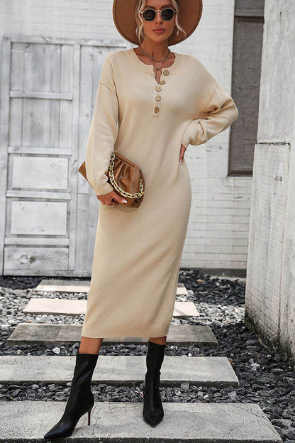 Notched Neck Dropped Shoulder Button-Down Midi Dress - Fashions Envy