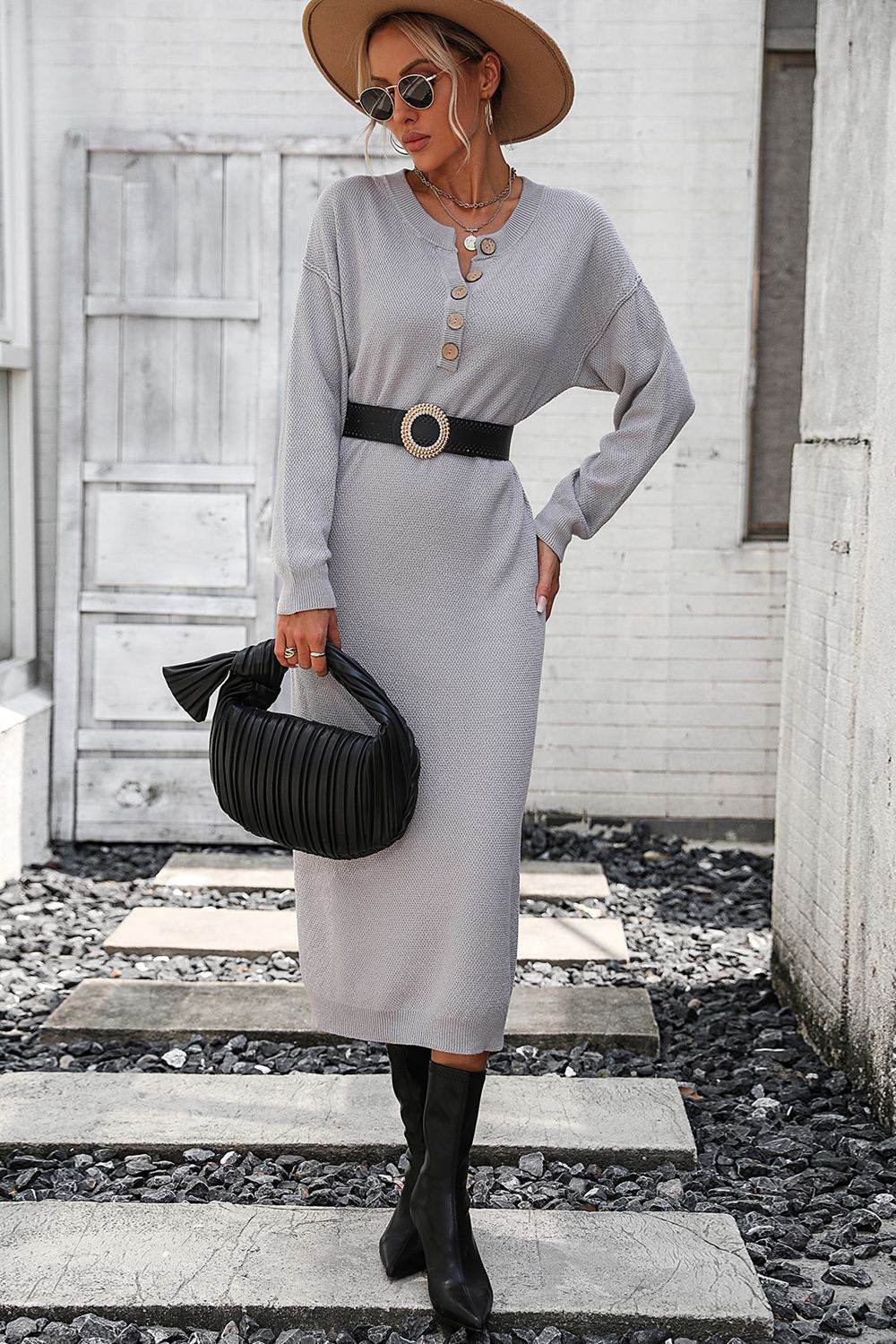 Notched Neck Dropped Shoulder Button-Down Midi Dress - Fashions Envy