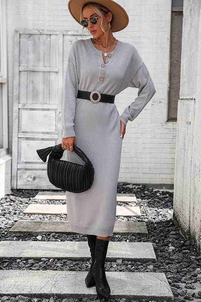 Notched Neck Dropped Shoulder Button-Down Midi Dress - Fashions Envy