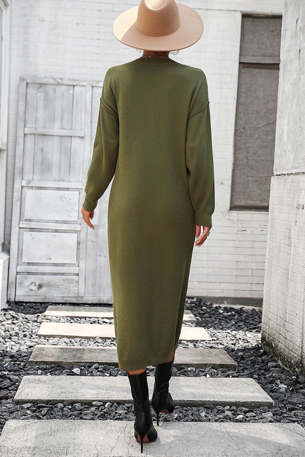 Notched Neck Dropped Shoulder Button-Down Midi Dress - Fashions Envy