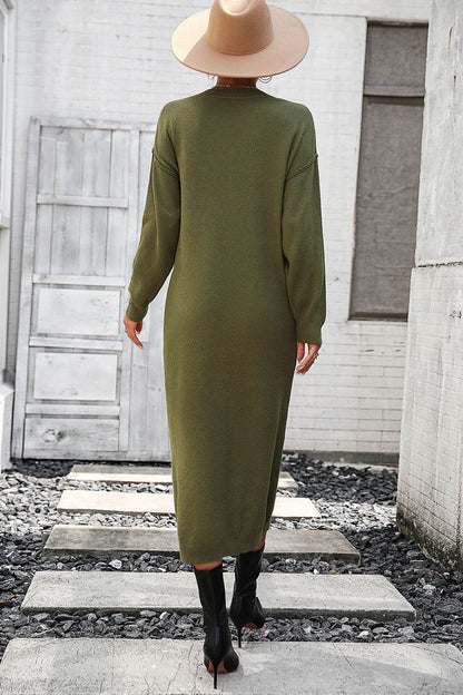 Notched Neck Dropped Shoulder Button-Down Midi Dress - Fashions Envy