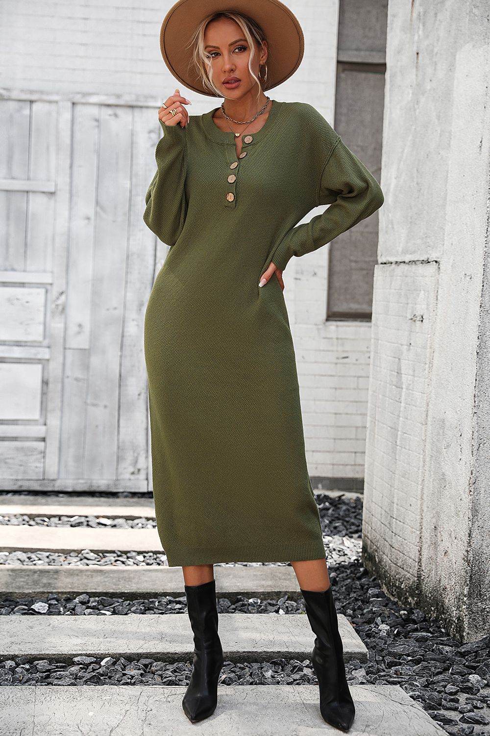 Notched Neck Dropped Shoulder Button-Down Midi Dress - Fashions Envy