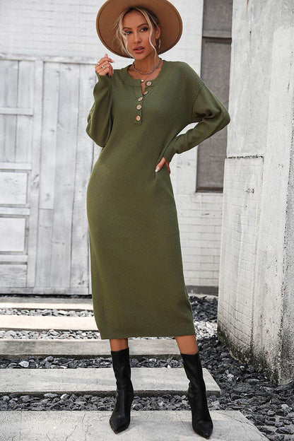 Notched Neck Dropped Shoulder Button-Down Midi Dress - Fashions Envy