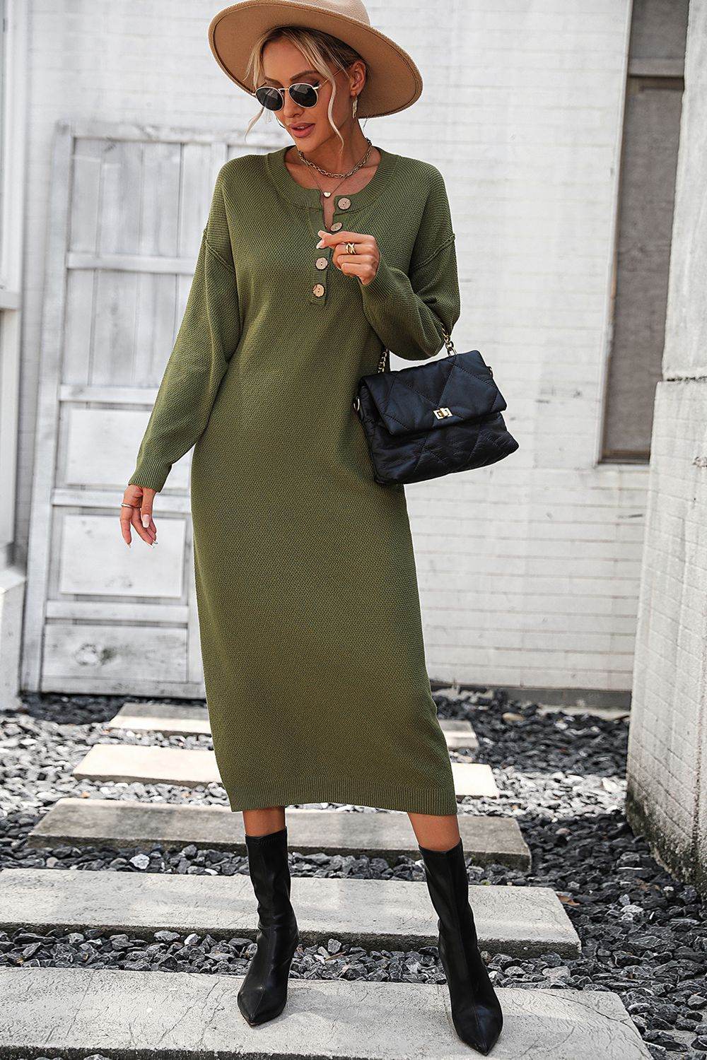 Notched Neck Dropped Shoulder Button-Down Midi Dress - Fashions Envy
