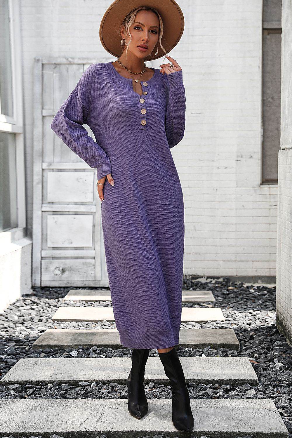 Notched Neck Dropped Shoulder Button-Down Midi Dress - Fashions Envy