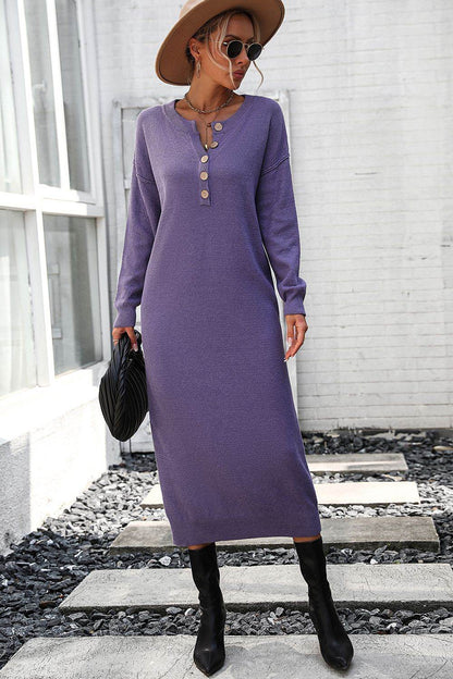 Notched Neck Dropped Shoulder Button-Down Midi Dress - Fashions Envy
