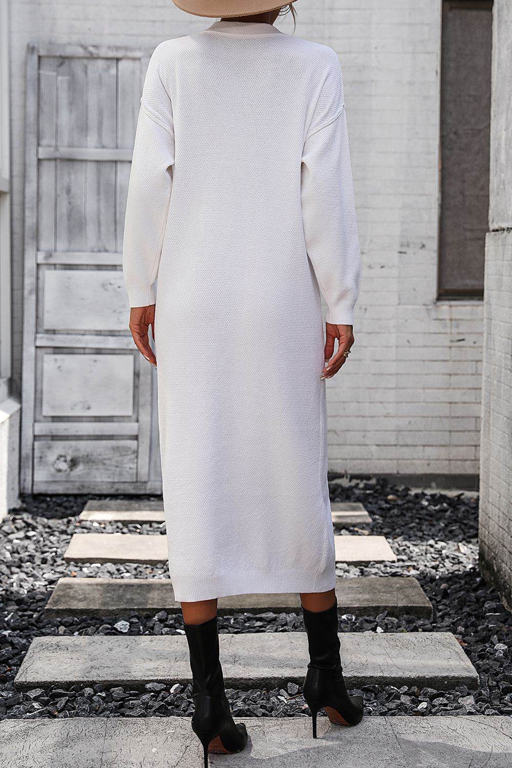 Notched Neck Dropped Shoulder Button-Down Midi Dress - Fashions Envy