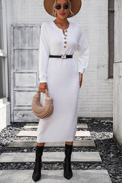 Notched Neck Dropped Shoulder Button-Down Midi Dress - Fashions Envy