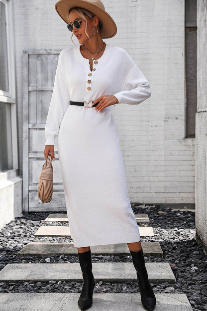 Notched Neck Dropped Shoulder Button-Down Midi Dress - Fashions Envy