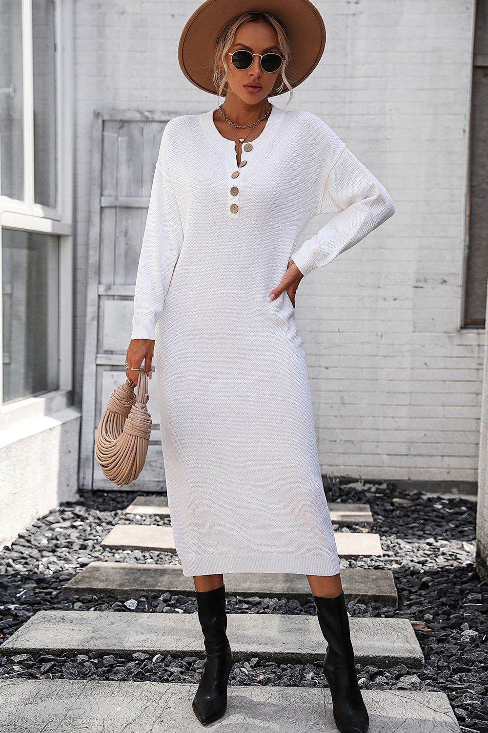 Notched Neck Dropped Shoulder Button-Down Midi Dress - Fashions Envy