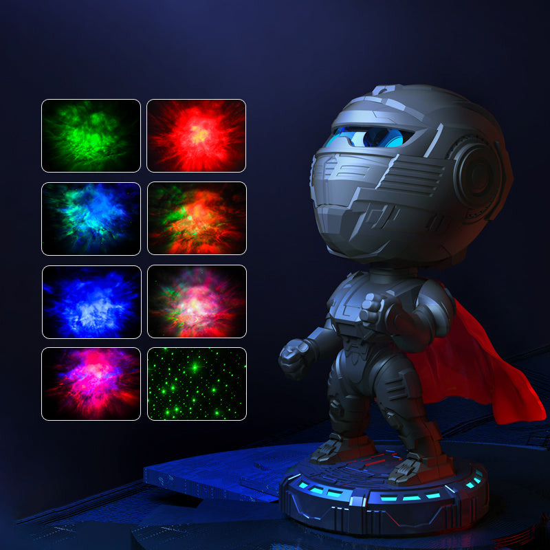 Trendsi mecha samurai night light figurine on illuminated base projecting multicolor nebula and star patterns