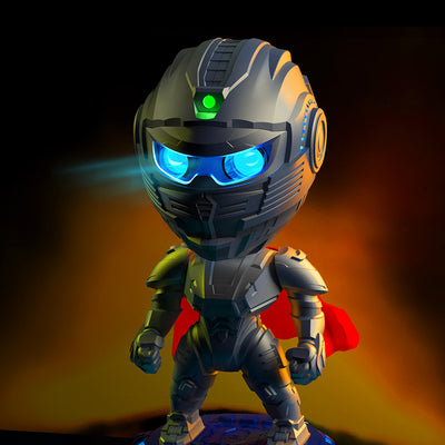 Trendsi mecha samurai night light featuring a chibi armored robot with blue LED eyes red cape and futuristic helmet