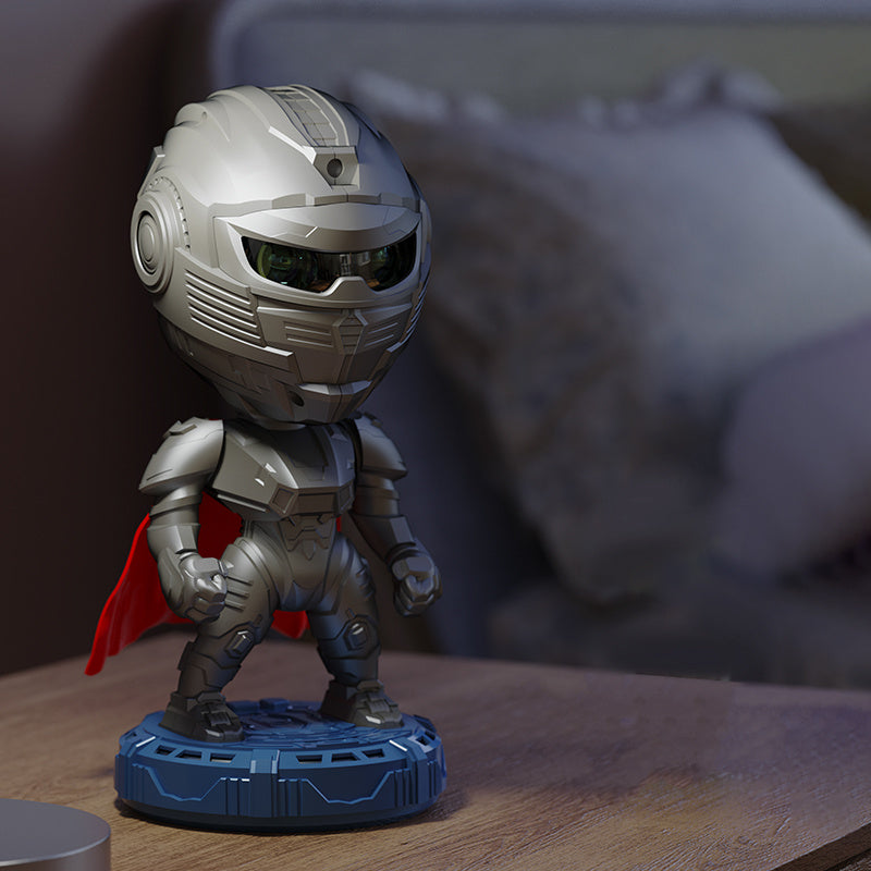 Trendsi mecha samurai night light metallic chibi robot lamp with red cape on bedside table