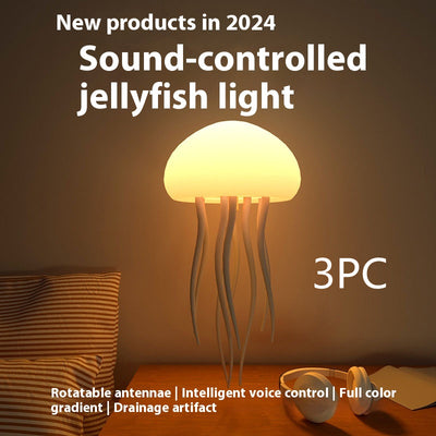 Trendsi sound controlled jellyfish mood lamp glowing warm with floating tentacles on bedside table