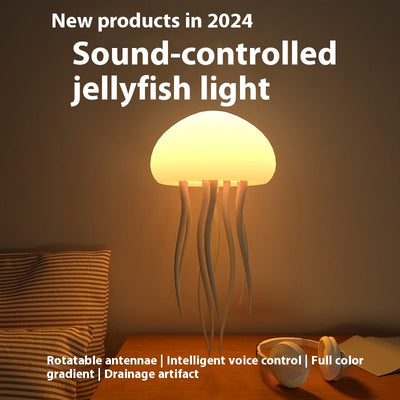 Trendsi sound controlled jellyfish mood lamp glowing warm on bedroom wall above bedside table