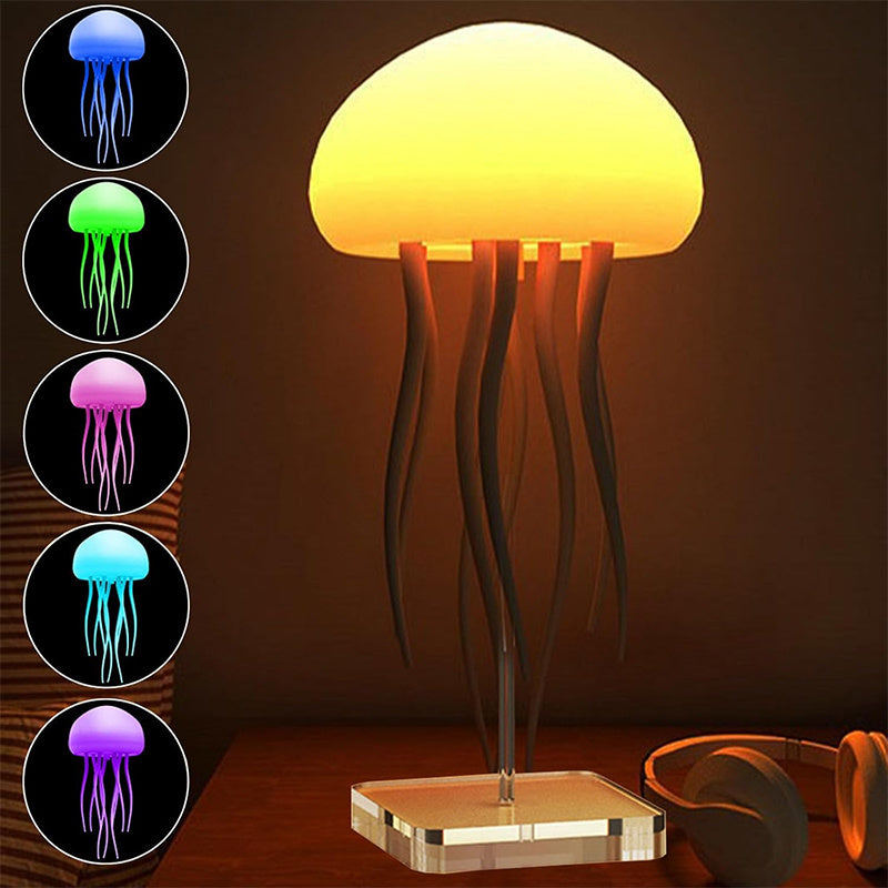Trendsi jellyfish mood lamp on wooden nightstand with warm yellow glow and multicolor LED tentacles