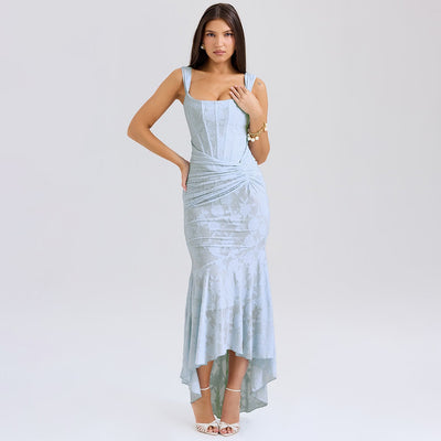 Trendsi light blue off shoulder backless evening dress with ruched waist and high-low hem