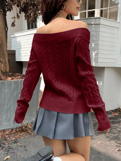 Trendsi Off-Shoulder Sweater in Burgundy, paired with a flared gray skirt for a stylish look