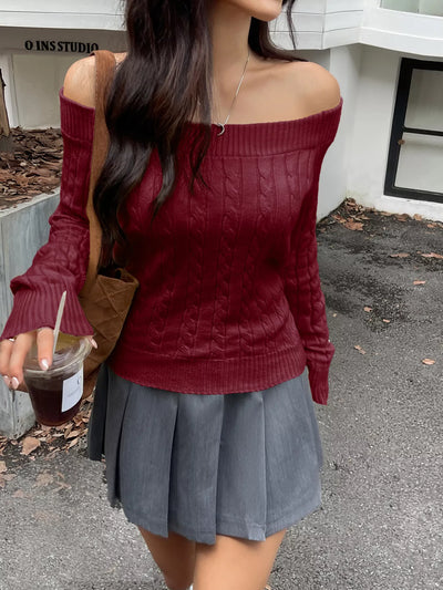 Trendsi Off-Shoulder Sweater in Burgundy with Cable Knit Design for a Stylish Look