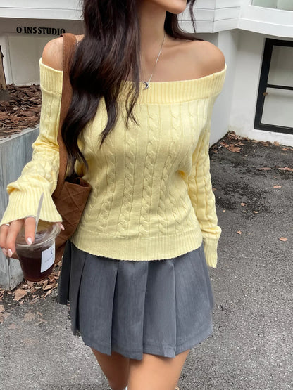 Trendsi Off-Shoulder Sweater in Yellow Cable Knit Style for a Casual and Trendy Look