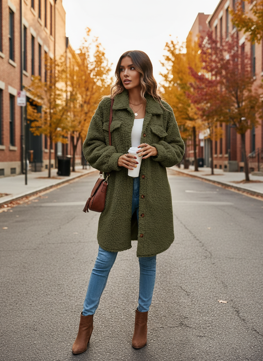 Olive Green Fuzzy Coat - City Street Scene