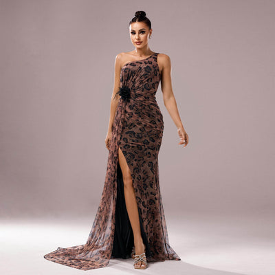 Elegant One-Shoulder Wedding Dress featuring a leopard print design and a thigh-high slit