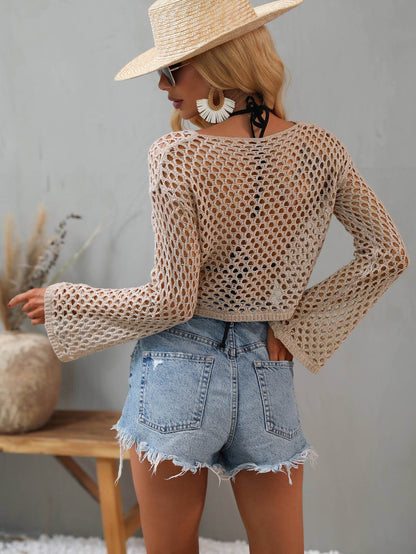 Openwork Flare Sleeve Cover Up - Cropped Summer Beach Top - Fashions Envy