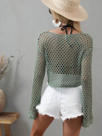 Openwork Flare Sleeve Cover Up - Cropped Summer Beach Top - Fashions Envy