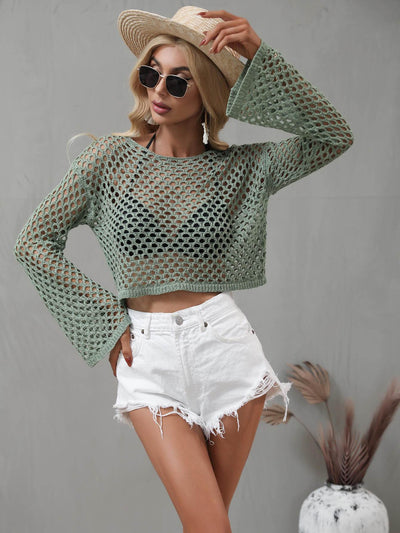Openwork Flare Sleeve Cover Up - Cropped Summer Beach Top - Fashions Envy