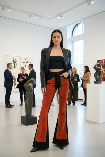 Orange and black color block flare pants at art gallery