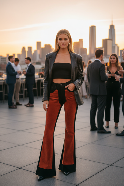 Orange and black color block flare pants at rooftop bar