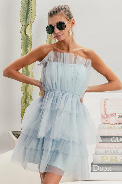 Trendsi Organza Mini Dress in light blue with layered ruffles and strapless design for a stylish summer look