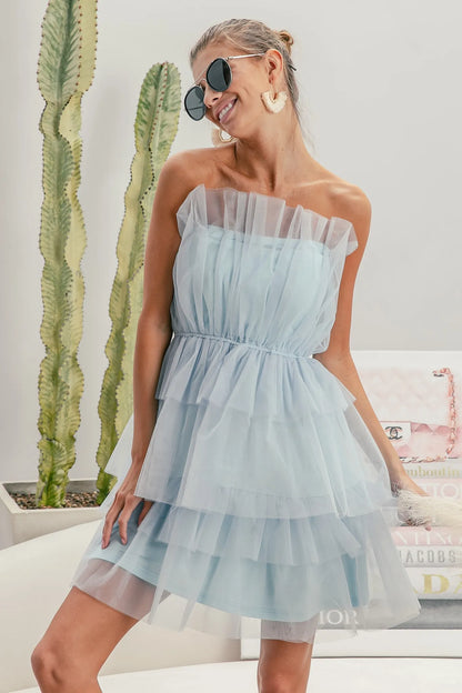 Trendsi Organza Mini Dress in light blue with layered ruffles and strapless design for summer outings