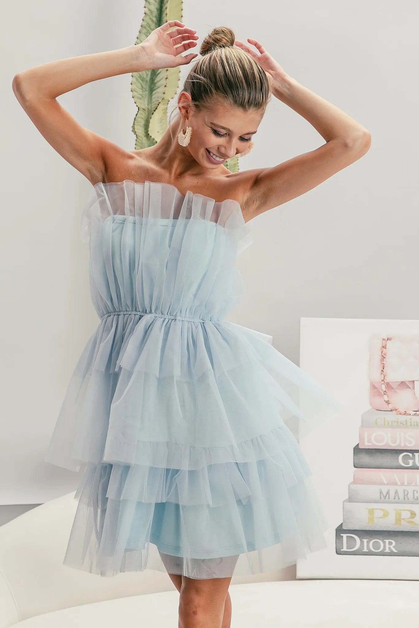 Light blue Organza Mini Dress with tiered ruffles, perfect for summer outings or special occasions