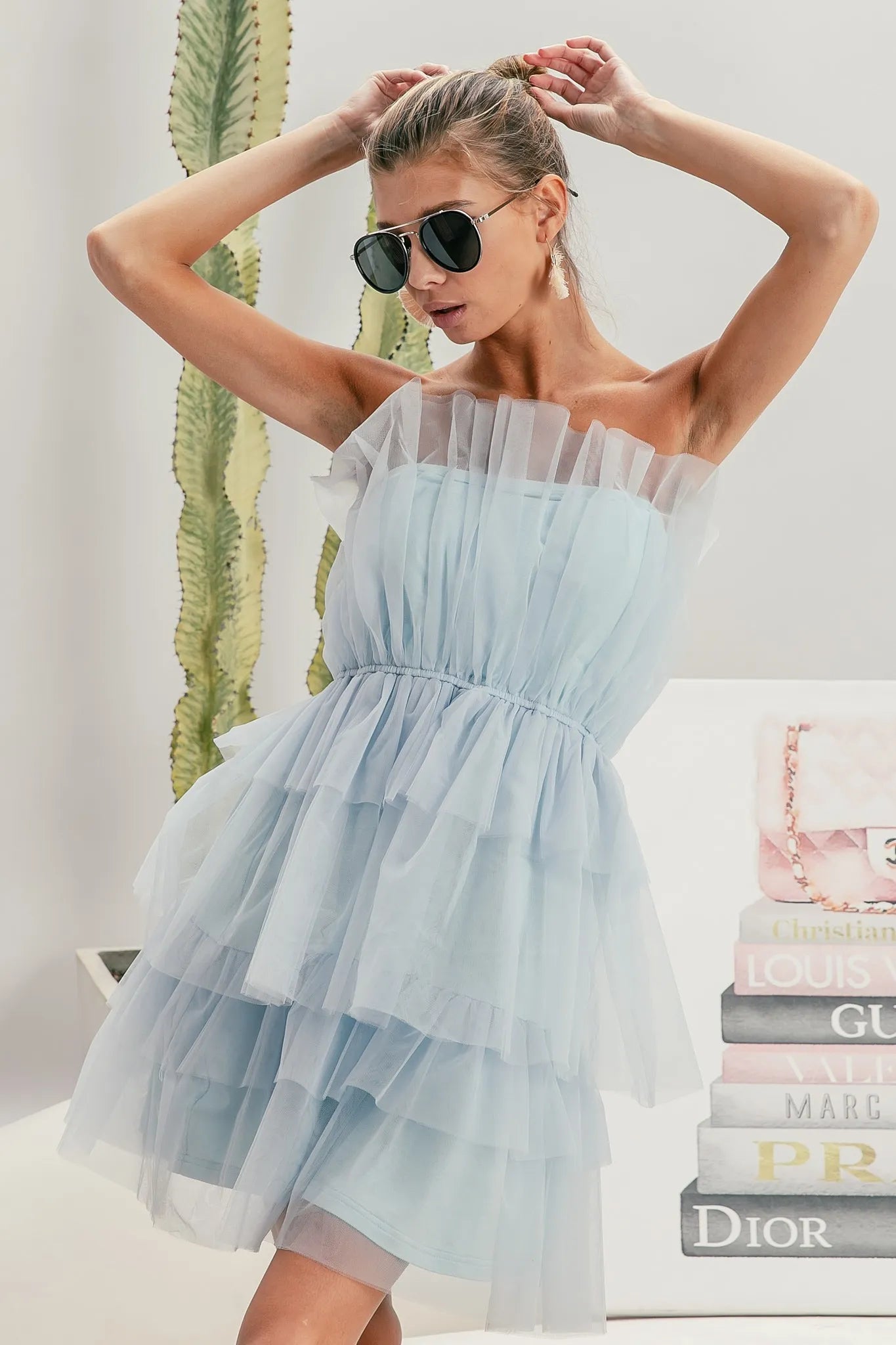 Trendsi Organza Mini Dress in Light Blue with Ruffled Layers and Off-Shoulder Design