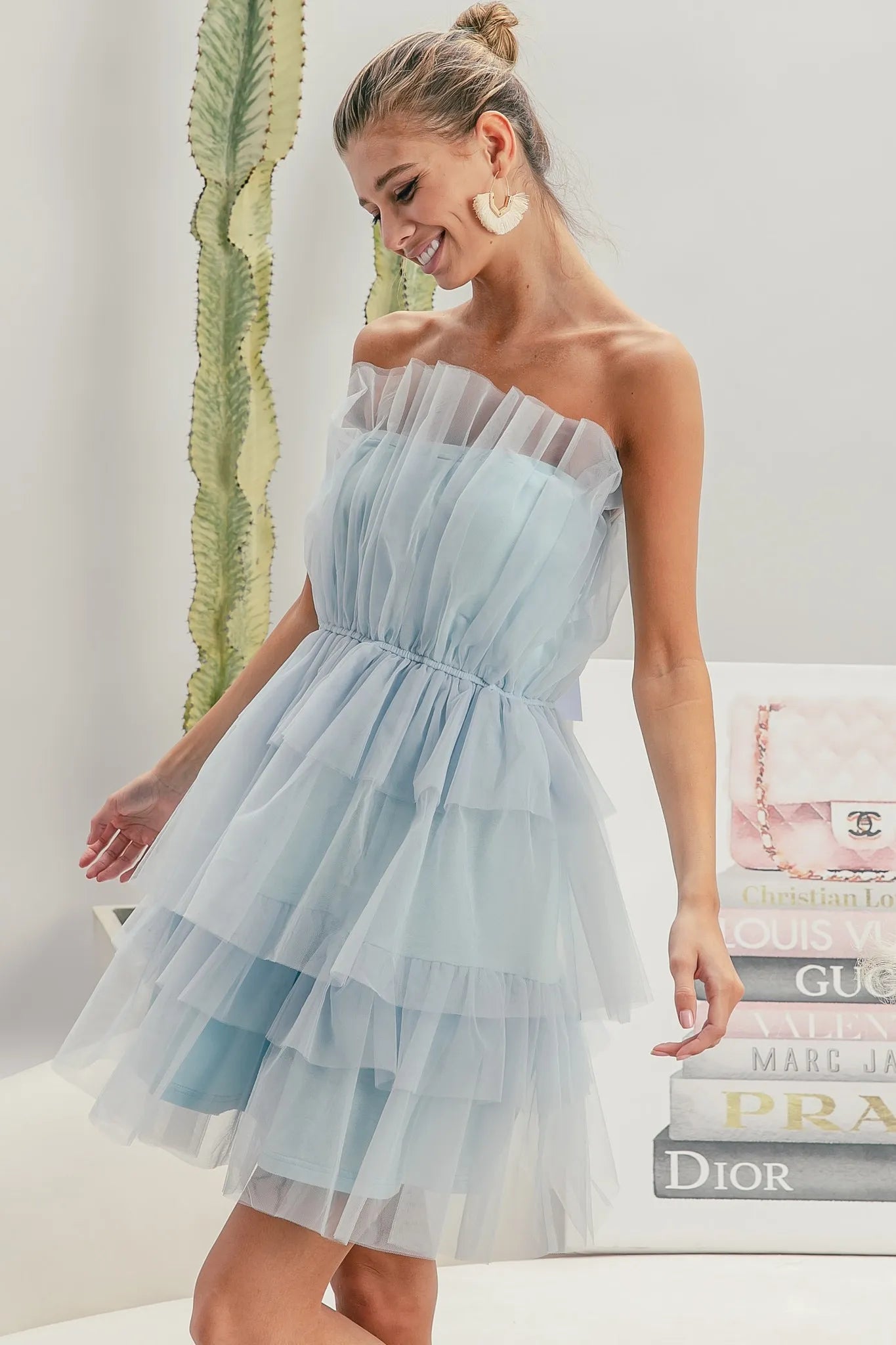 Trendsi Organza Mini Dress in Light Blue with Tiered Ruffles and Strapless Design