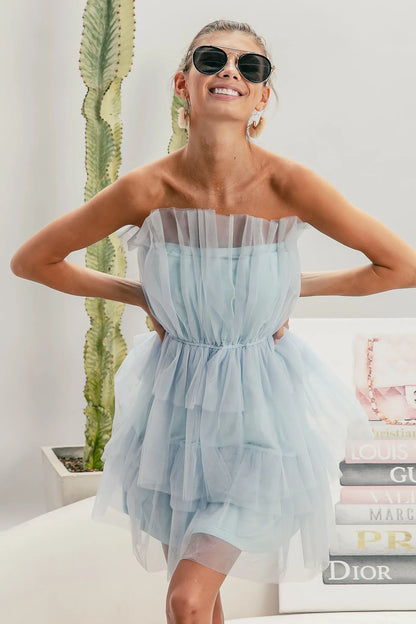 Trendsi Organza Mini Dress in light blue with layered design and strapless silhouette for a stylish look