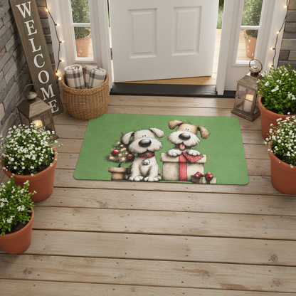 Overhead view of doormat at front door no border