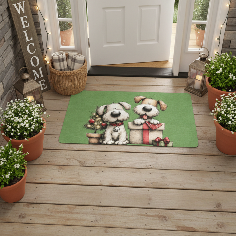 Overhead view of doormat at front door no border