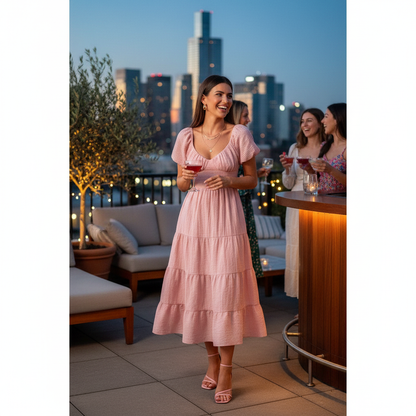 Pink Backless Tiered Puff Sleeve Fit Midi Dress Lifestyle Image